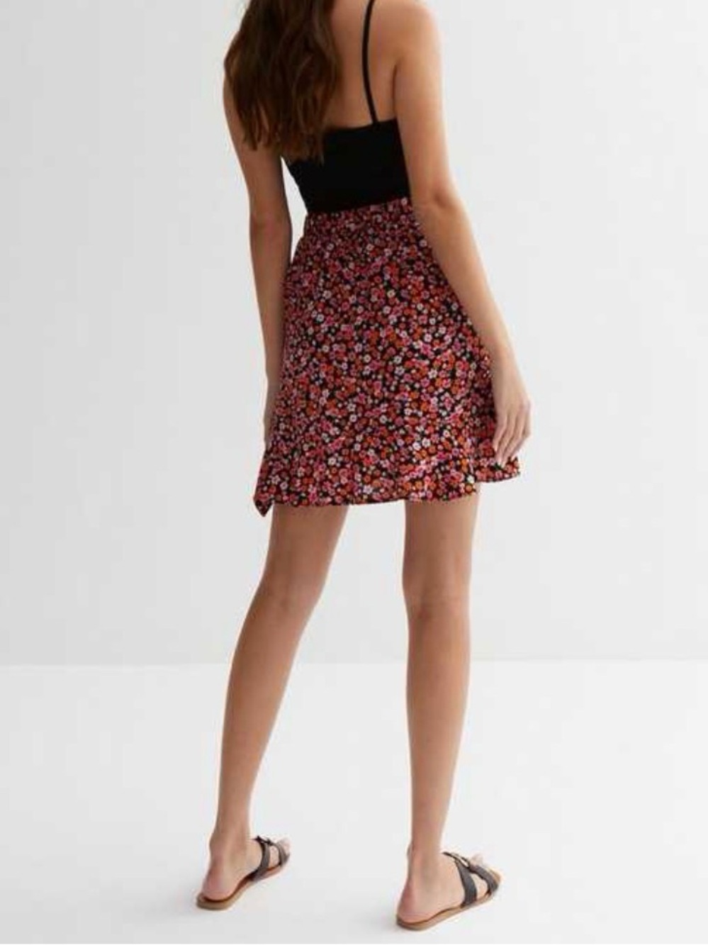 Black Floral Faux Wrap Skirt